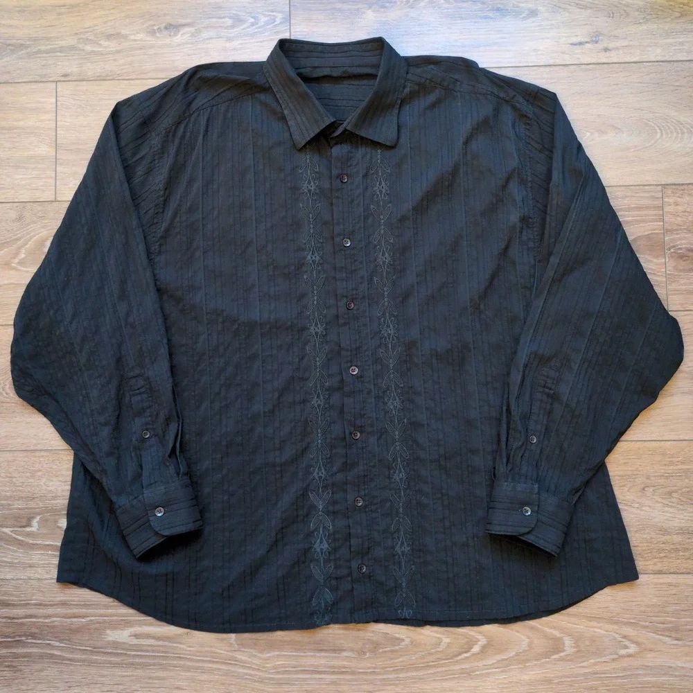 Black‎ Embroidered Mini Pleated Men's Button Down Shirt International Laundry 2X